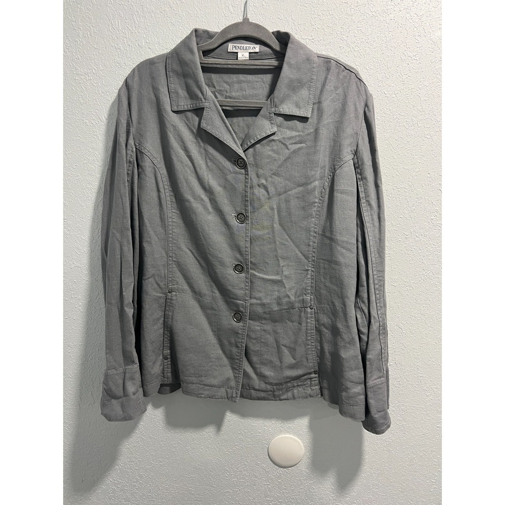 Pendleton Womens Jacket Gray Linen Blend Pockets Button Front Size XL